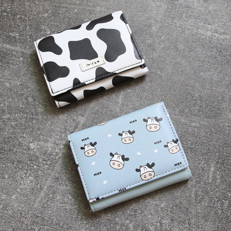 New Multi-card Slot Short Small Coin Purse Ladies Mini Wallet Tri-fold Anime Cartoon Cow Patternwallet Card Bag Women Girl Gift