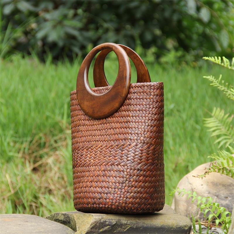 28x30cm tailândia saco de palha de rattan saco de palha original chinês cabo de madeira retro bolsa de férias femininas balde a6107