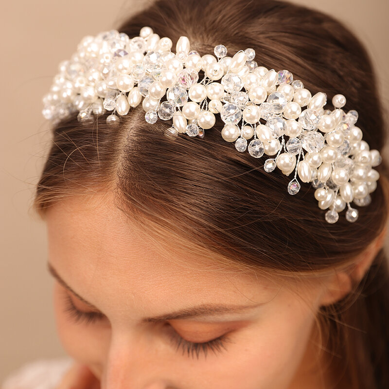 Diadema nupcial de cristal de pera, corona de perlas, Tiara nupcial de princesa, joyería para el cabello, accesorios nupciales