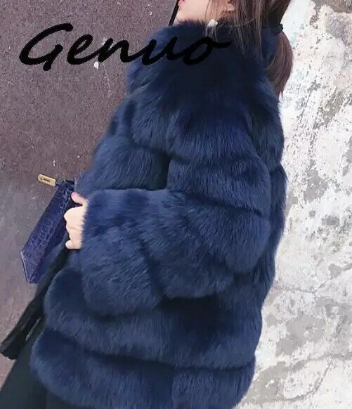 Genuo-진짜 모조 모피 롱코트 여성용, 푹신한 화이트 인조 모피 코트 자켓, 아늑하고 푹신한 외투, 겨울