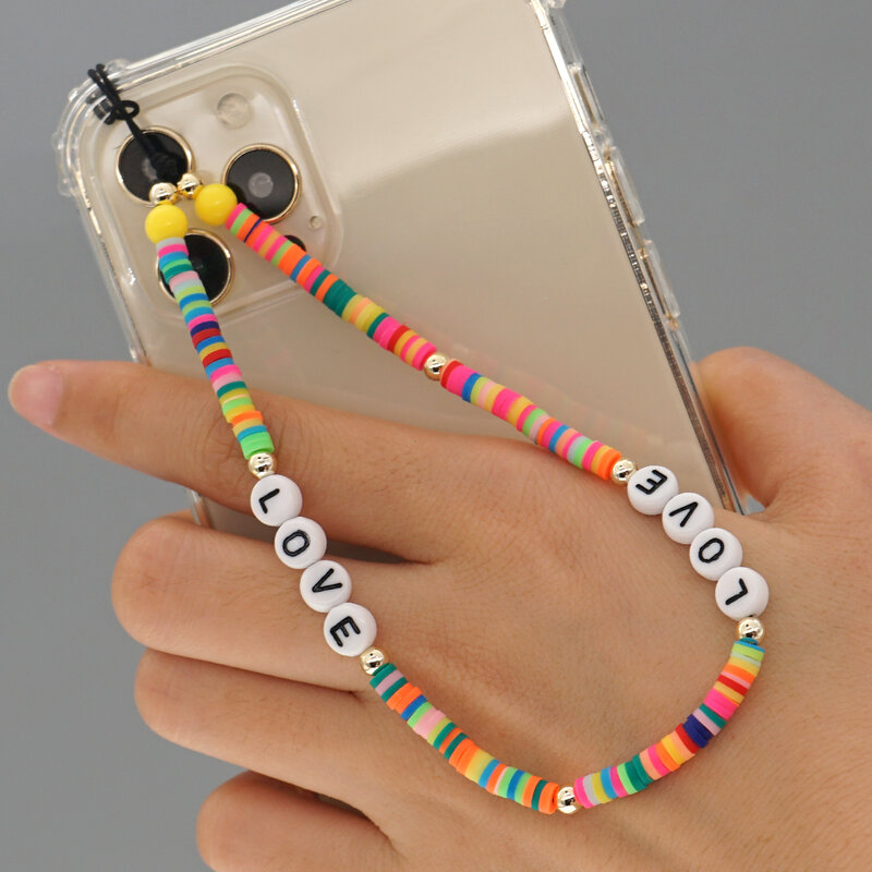 Go2Boho – chaîne de téléphone portable avec perles, lanière de téléphone portable, nouveaux bijoux avec lettres d'amour, chaînes de saint-valentin, support de cordon de téléphone en argile