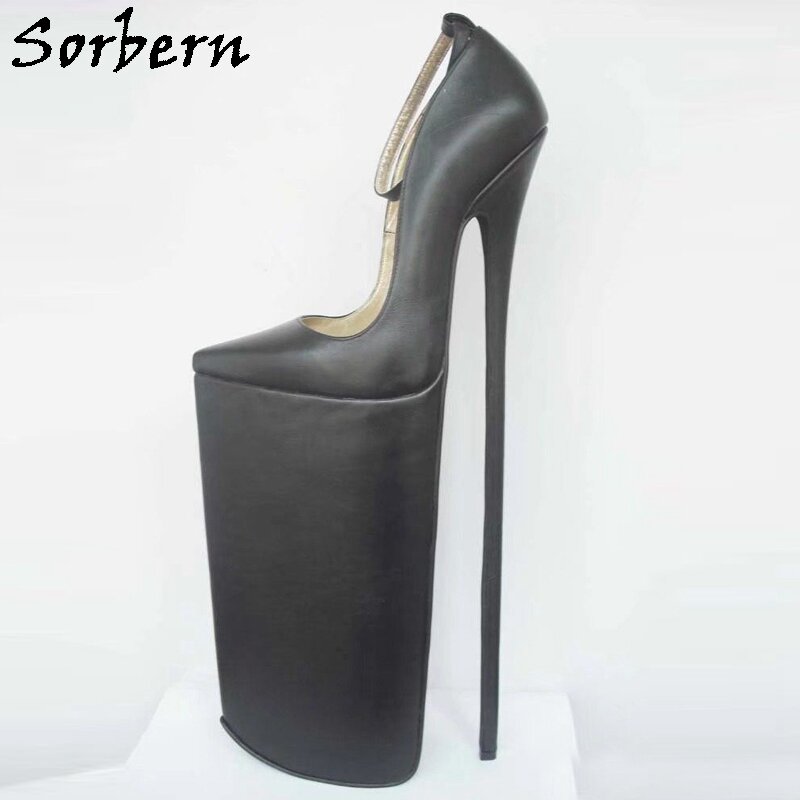 Sorbern 블랙 매트 익스트림 하이힐 펌프스, 여성용 신발, 천연 가죽 발목 스트랩, 뾰족한 발가락, 두꺼운 플랫폼 신발, 40cm