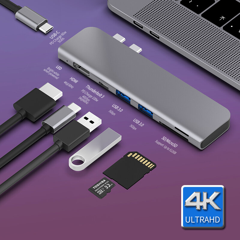 Núcleo adaptador de USB 3.1 tipo C, adaptador para HDMI 4K Thunderbolt USB 3.0 leitor de SD para MacBook Pro/Air 2018/2019