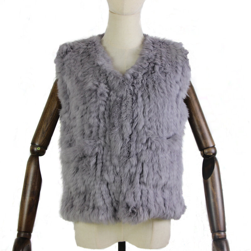 織りウサギの毛皮のベスト,ノースリーブの服,ポケット付き,自然な茶色/灰色/黒,新しい