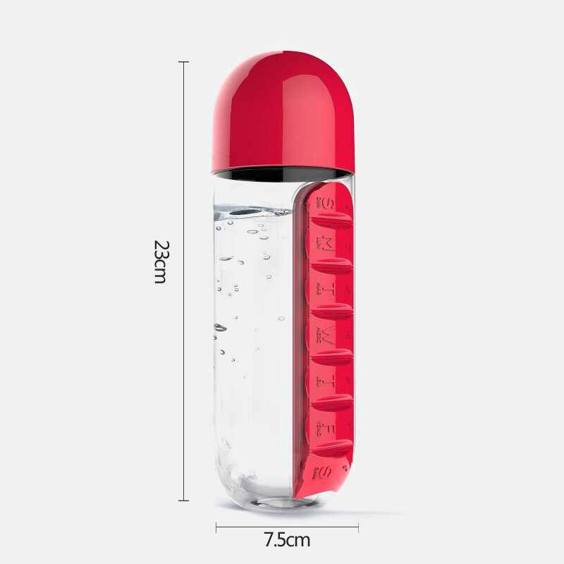 Botol Air 600Ml dengan Botol Minum Plastik Pillbox dengan Kotak Obat Pil Perjalanan 7 Hari Pengatur Obat Wadah Minum