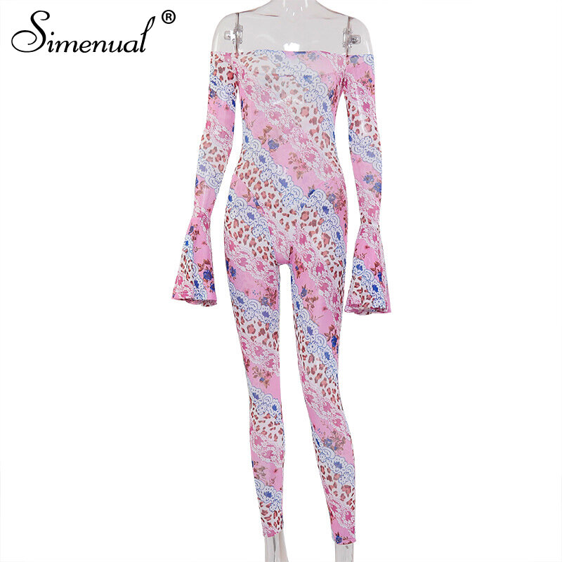 Simenual Mesh  Print Sexy Hot Party Rompers Womens Jumpsuit Flare Long Sleeve Fashion Bodycon Skinny Club Jumpsuits 2020 Summer