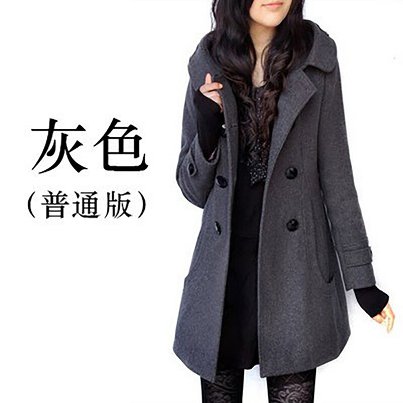 Женское двубортное пальто средней длины, толстое шерстяное пальто с капюшоном, ветровка, Осень-зима