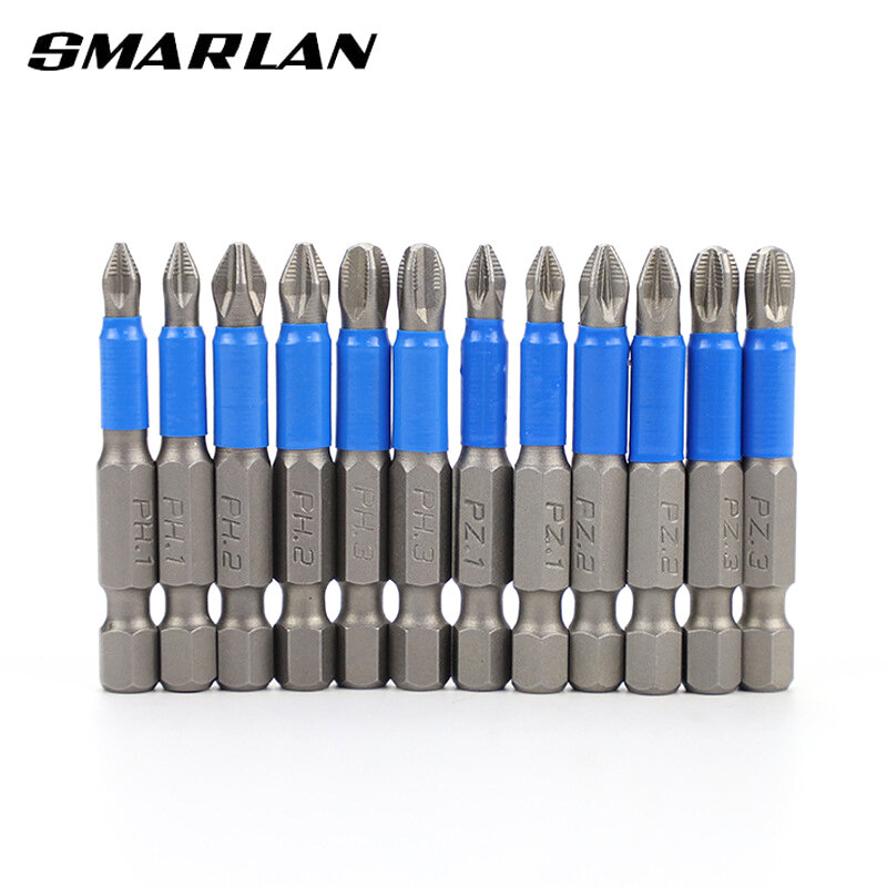 SMARLAN-Juego de puntas de destornillador antideslizantes, destornillador de aleación de acero S2, impacto eléctrico magnético, 50mm, PH1/PH2/PH3/PZ1/PZ2/PZ3, 12 unidades
