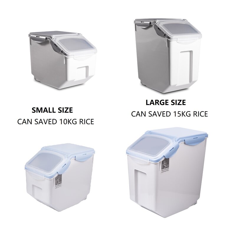 Plástico 10/15kg caixa de armazenamento de grãos de cozinha tanque de arroz selado à prova de umidade grande recipiente de armazenamento de alimentos para animais de estimação oídio anti-oxidação