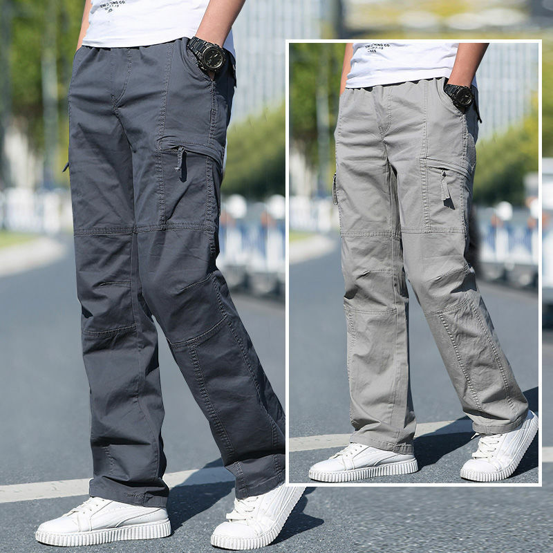 Summer Cotton Cargo Trousers Men Work Pants Sports Casual Jogging Training High Quality Overalls Large Size Loose Straight Pants