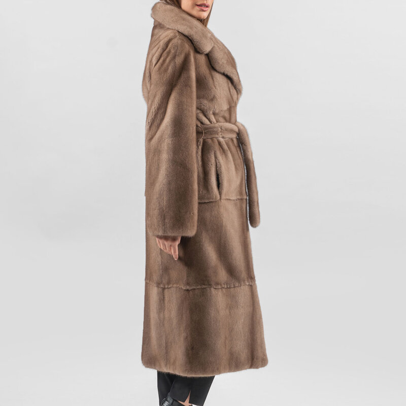 BFFUR 2022 Fashion Long MInk Fur Coat Women High Quality Real Mink Fur Jacket Lapel Collar WIth Fur Belt Coats Natural Female