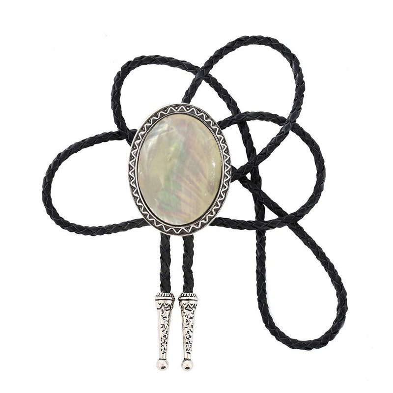 Naturel Stone White Shell Flash  Bolo Tie For Man Indian Cowboy Western Cowgirl Leather Rope Zinc Alloy Necktie