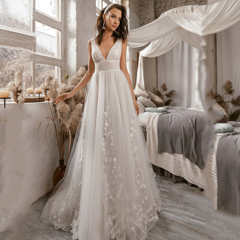 Женское свадебное платье в стиле бохо LSYX, ТРАПЕЦИЕВИДНОЕ кружевное Тюлевое платье с V-образным вырезом, без рукавов, с открытой спиной и шлейфом, свадебное платье