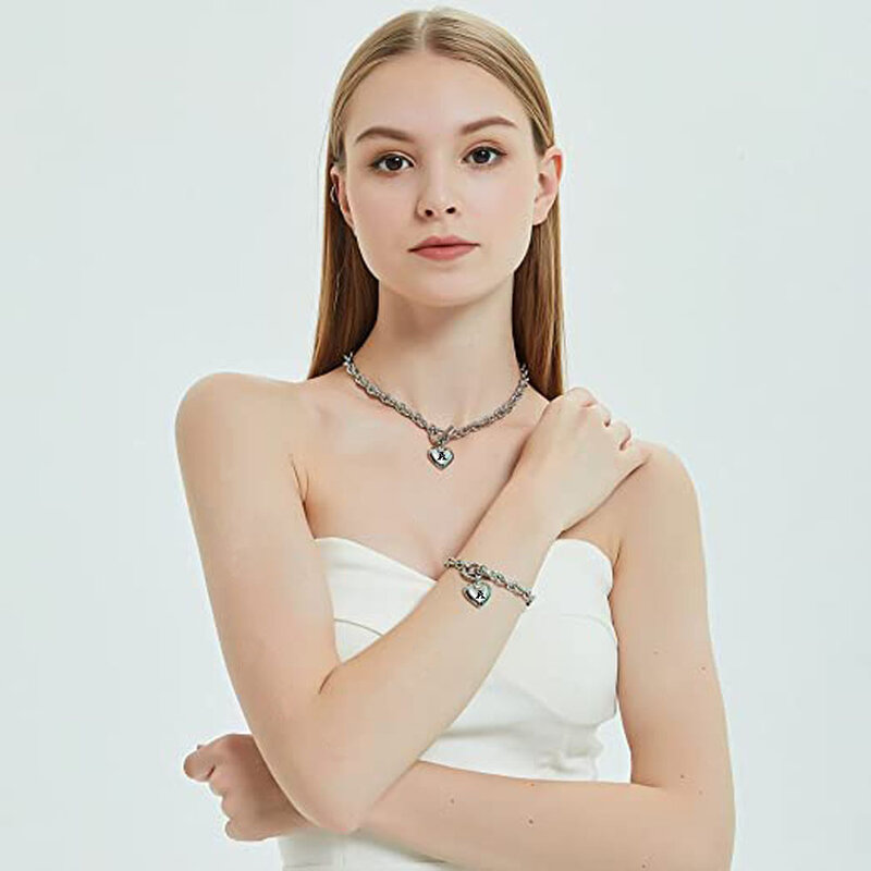Liontin HATI Kalung dan Rantai Set Gelang UNTUK WANITA Baja Nirkarat Penurunan Perak Putih Set Perhiasan Hadiah Pesta Perhiasan