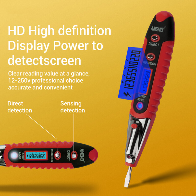 Bolígrafo de prueba eléctrico con pantalla Digital LCD, probador de contacto, 12-250V, AC-DC, bolígrafo Detector de voltaje con linterna LED, VD700