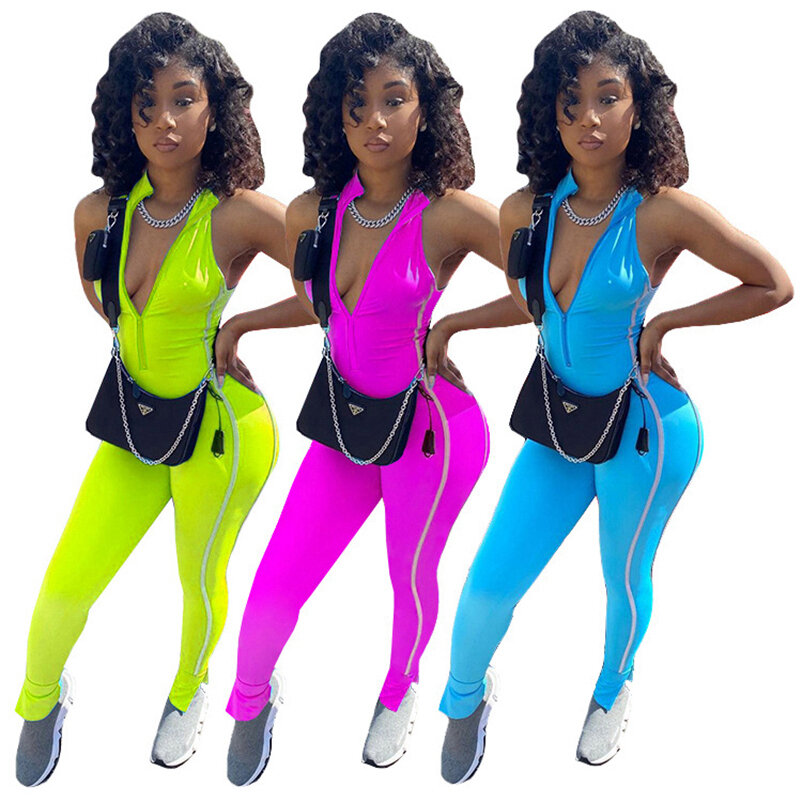 Women Solid Zipper Deep V Neck Jumpsuits Summer Sleeveless Long Trousers Sexy Nightclub Party Bodycon Fashion Outfits