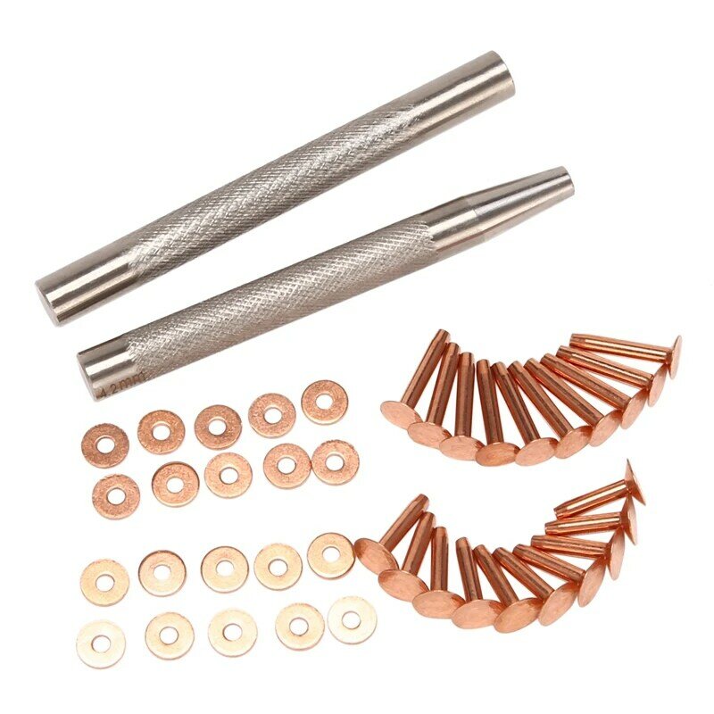 Paquete de 20 remaches y rebabas de cobre (14mm y 19mm) con 2 piezas, herramienta de remache de perforación para cinturones, bolsas, collares, artesanía de cuero
