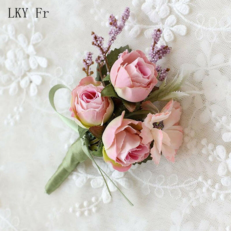 Boutonniere Aksesori pernikahan korsase pergelangan tangan lubang kancing bunga buatan sutra gelang mawar pengiring pengantin pria pin kerah