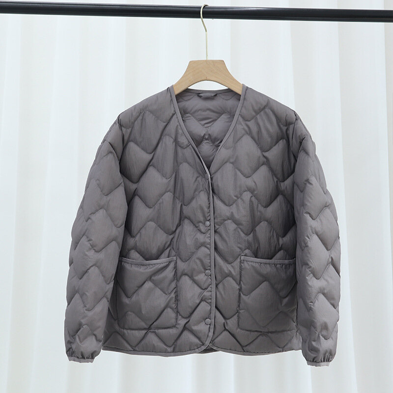 2021 새로운 가을, 겨울 여성 단색 물결 줄무늬 가볍고 얇은 칼라가없는 자켓 한국 캐주얼 자켓