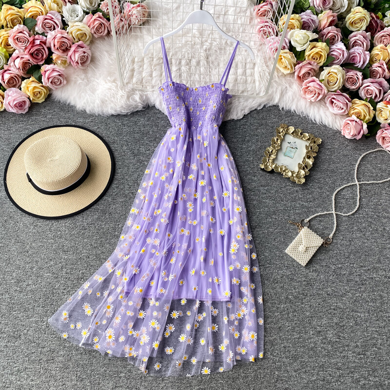 Damen kleid daisy print kleid sommer sexy spitze mesh kleid spaghetti strap zerknitterte floral strand stil lange kleid