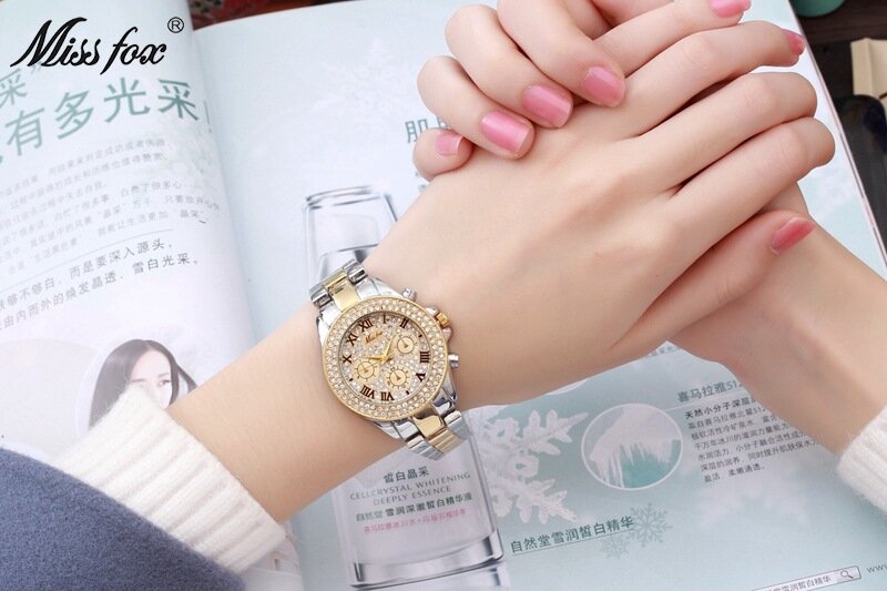 MISSFOX zegarki damskie luksusowe zegarki damskie moda fałszywe chronograf cyfry rzymskie 18K złote damskie zegarki kwarcowe zegarek