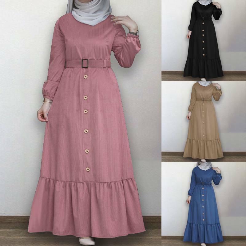 Plus rozmiar damska jesień Sundress ZANZEA elegancka koszula muzułmańska sukienka z długim rękawem Maxi Vestidos kobieta przycisk wzburzyć Vestidos 5XL