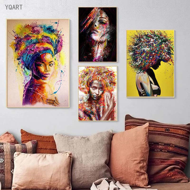 Arte moderna astratta ragazza africana poster e stampe Graffiti Art donna ritratto dipinti su tela immagini da parete di strada decorazioni per la casa