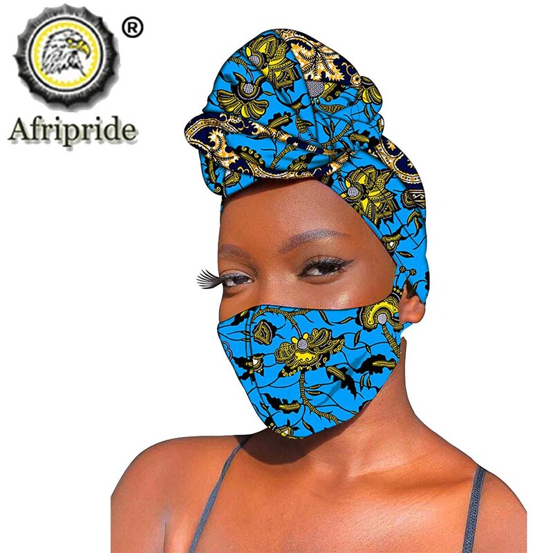 아프리카 Headwraps 2 조각 세트 앙카라 인쇄 면화 머리띠 두건의 Headscarf 마스크 일치 인쇄 마스크 왁스 면화 전통