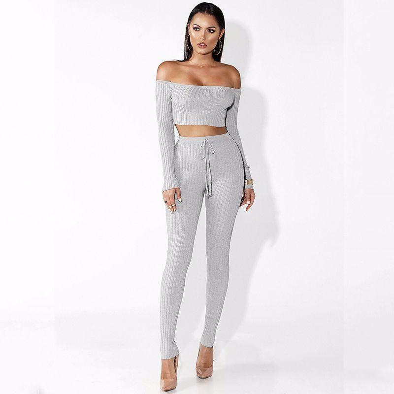 New Sexy Cotton Two Pieces Set Women Club Wear Slash Neck Crop Tops And Pencil Pant Long Sleeve Two Pieces Outfits