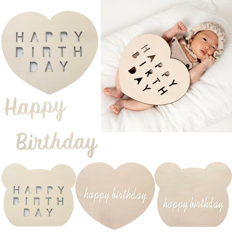 Children Happy Birthday Party Decoration Wooden Heart Shape Baby Boys Girls Birthday Photography Props Newborn Shower Supplies