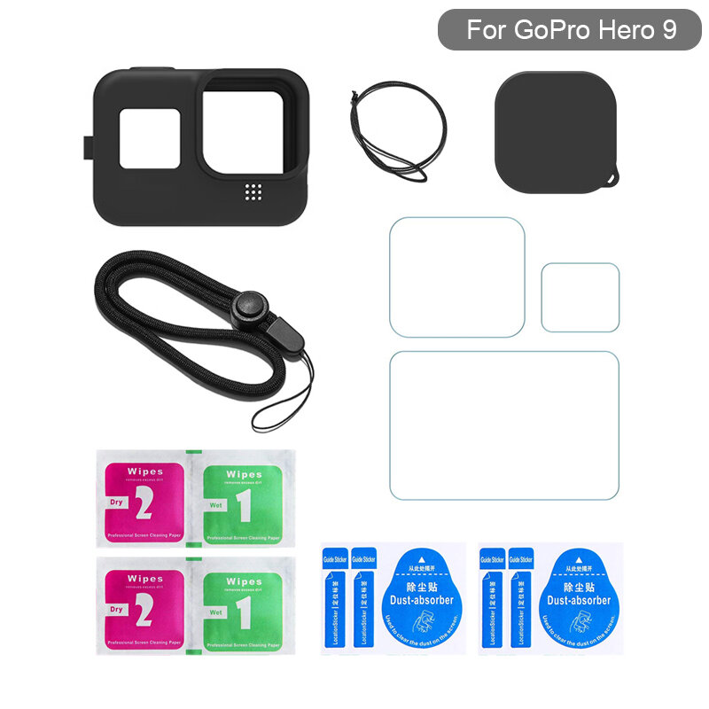 GoPro Hero 11/10/9 용 실리콘 케이스 블랙 강화 유리 화면 보호기 보호 필름 렌즈 캡 커버, Hero 11/10/9 액세서리
