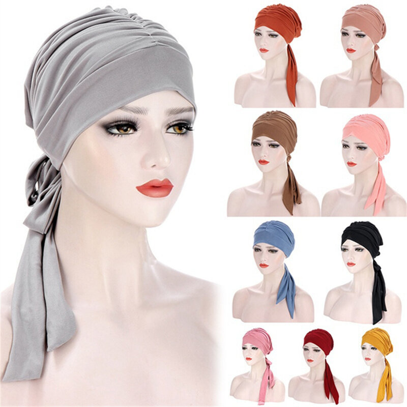 Topi Turban wanita Muslim, aksesoris rambut berlapis, syal kepala pre-tie, topi beanie Kemo kanker, topi Turban keriput padat, melar