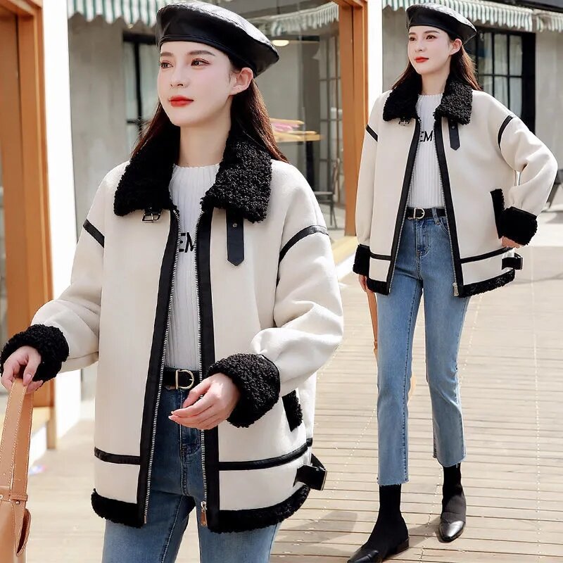 Zima luksusowe Vintage sztuczna wełna jagnięca futro kobiety nowy koreański moda gruby, ciepły płaszcz Patchwork motocykl luźna, krótka kurtka