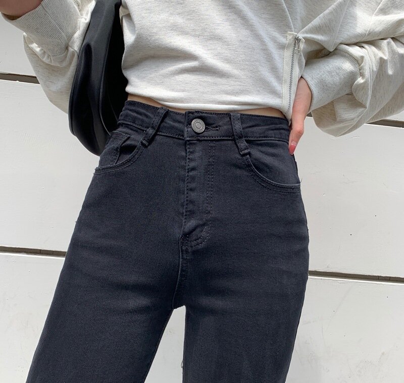 Novo outono 2021 jeans solto solto perna larga preta e de cintura alta com corte