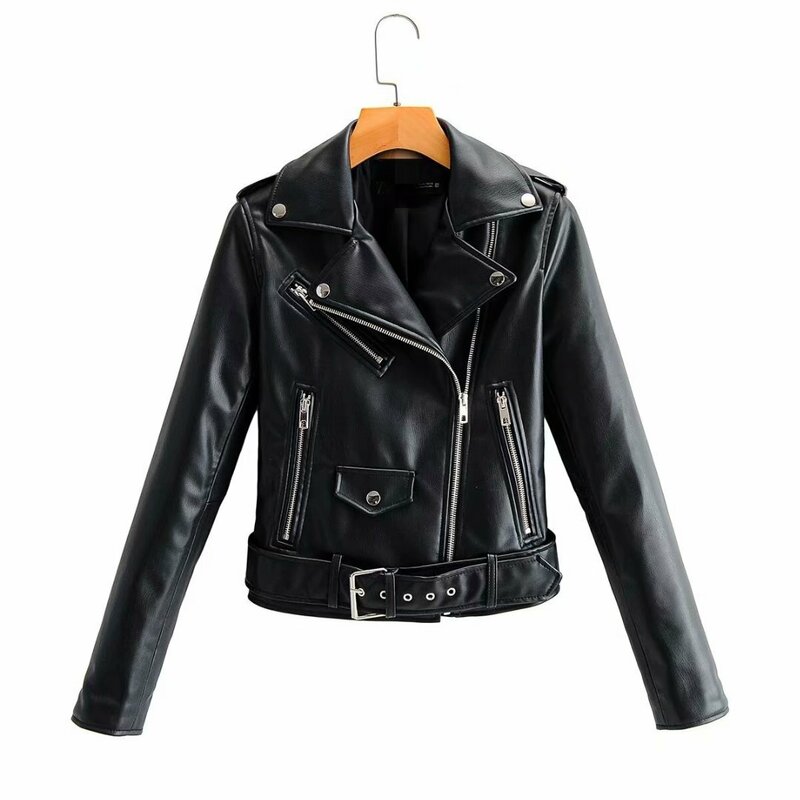 Chaqueta de cuero sintético para mujer, chaqueta holgada con fajas, prendas de vestir informales, estilo BF, color negro