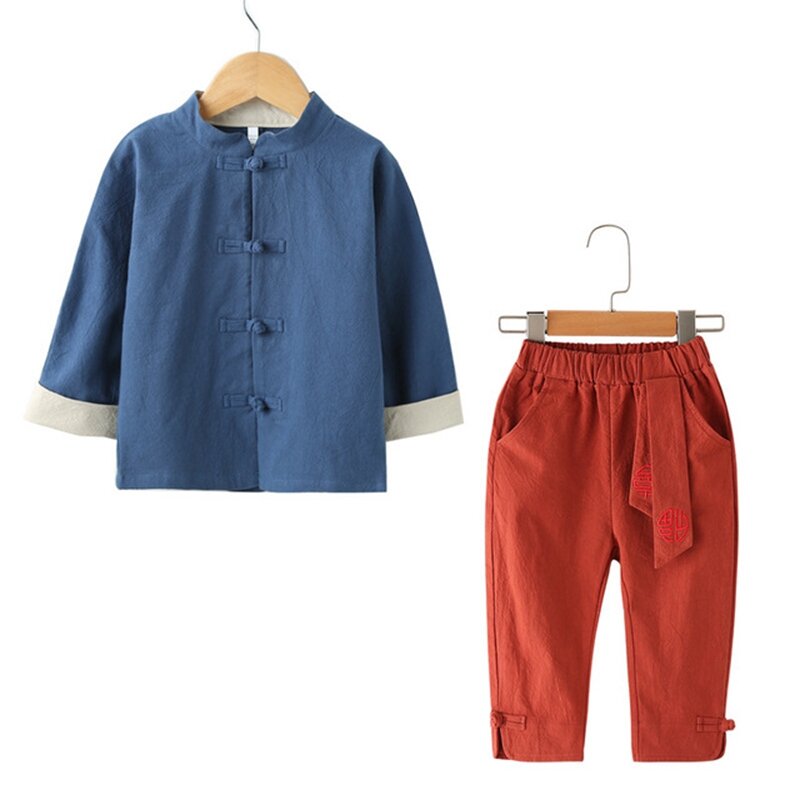 Chłopcy ubrania stałe dzieci bawełna i odzież dziecięca chłopcy strój Tang zestaw одежда для девочек w stylu etnicznym Hanfu koszula garnitur ze spodniami