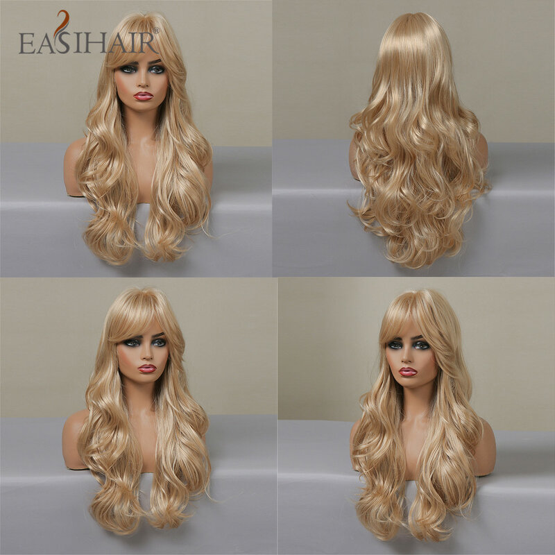 EASIHAIR Ash Blonde Wavy Cosplay Wigs with Bangs Natural Long Synthetic Hairs for Women Lolita Party Heat Resistant Fibers Wig