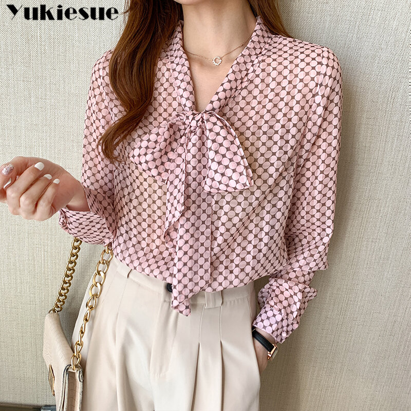Camisa feminina manga comprida estampa bolinhas blusa feminina vintage coreana 2021 camisa feminina folgada com laço