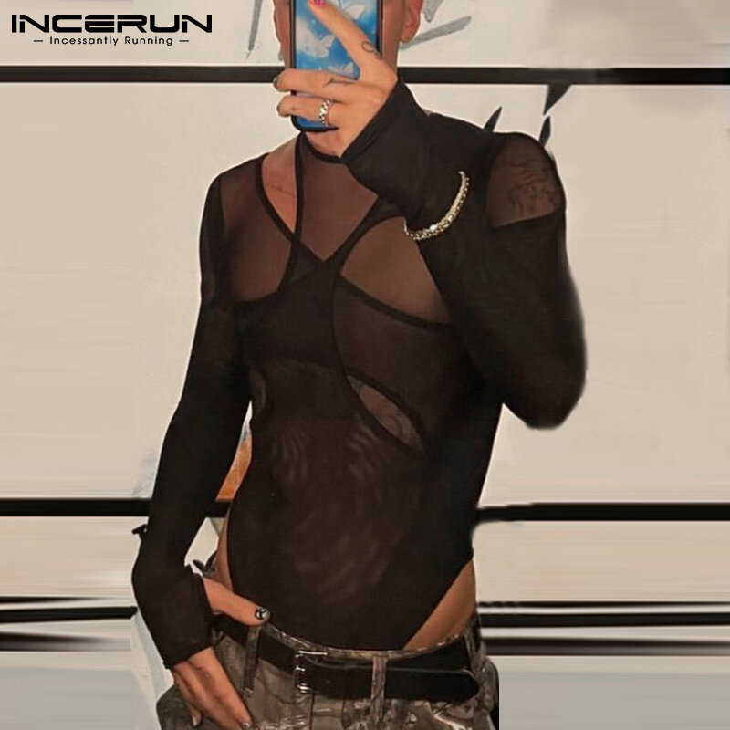 INCERUN-body de malla transparente para hombre, ropa interior de manga larga con cuello redondo, Sexy, Irregular, pijama, S-5XL