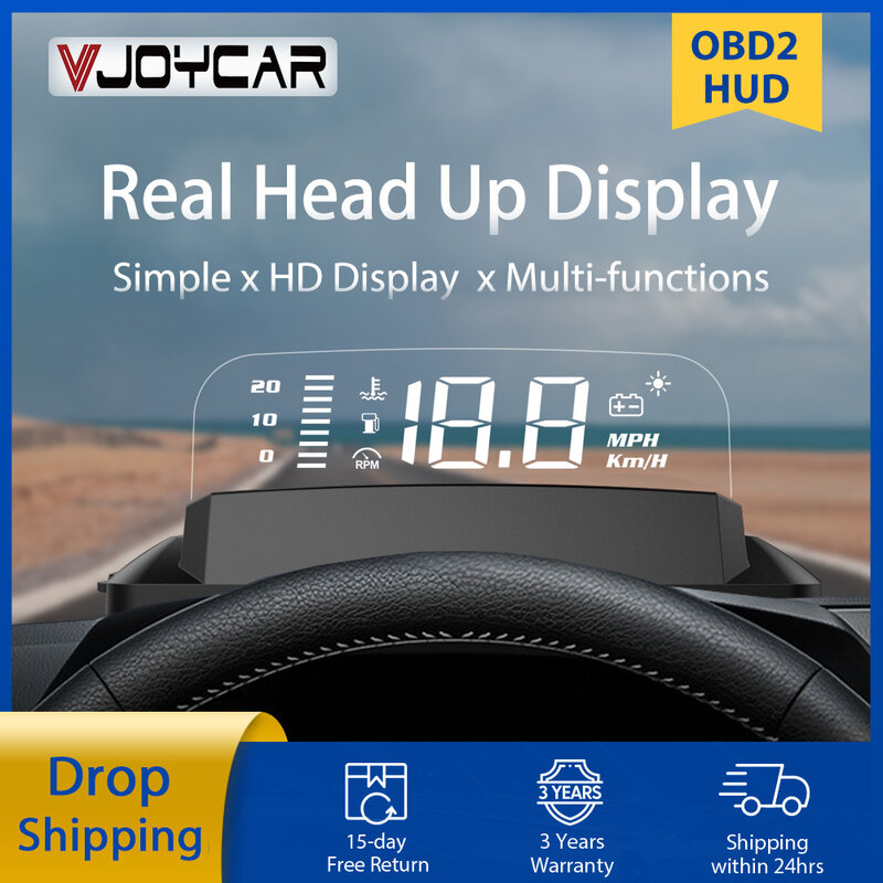 Vjoycar 2023 уникальное зеркало HUD R4 дисплей на головке OBD2 скоростной проектор охранная сигнализация температура воды превышение скорости оборотов в минуту напряжение