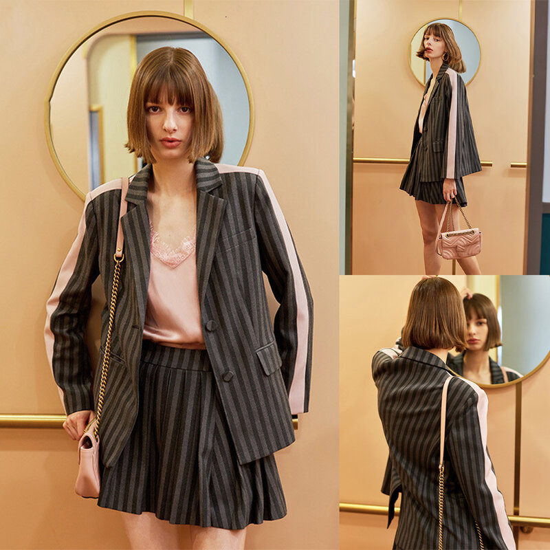영국 스타일 어린 소녀 정장 핑크 패치 워크 Notche Lapel Stripe Blazer & Pleated Skirt 캐주얼 데일리 맞춤형 자켓