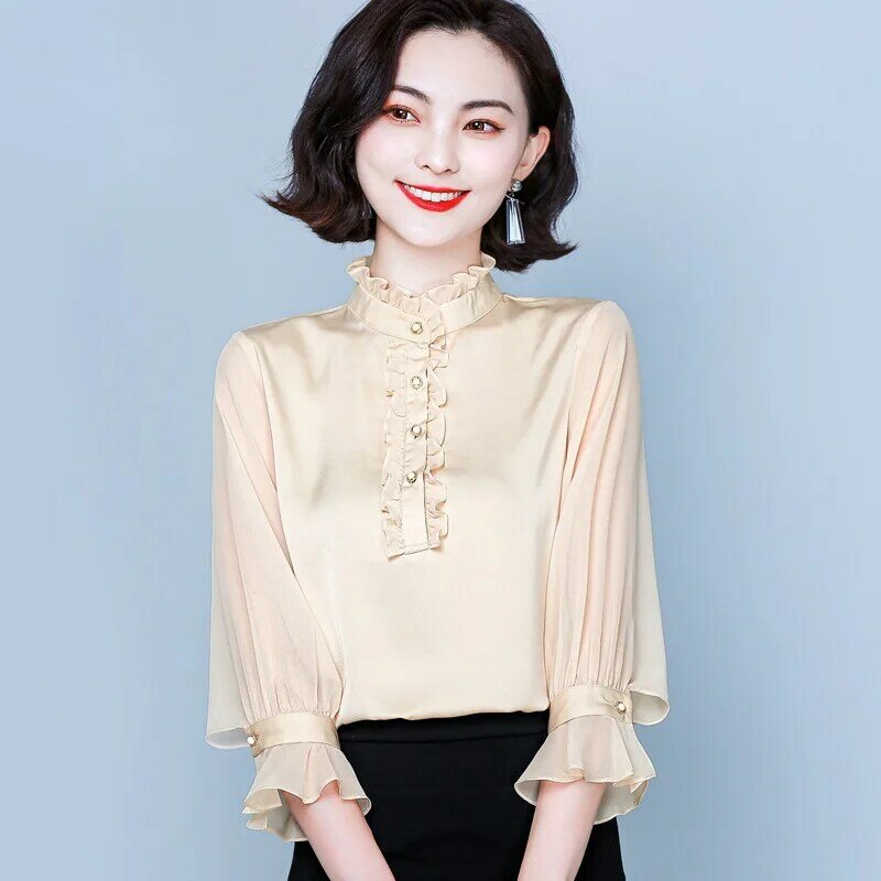 Camicetta da donna in raso di seta con volant camicia con colletto alla coreana manica lunga ufficio corte reale palazzo top Pullover femminile Camisa