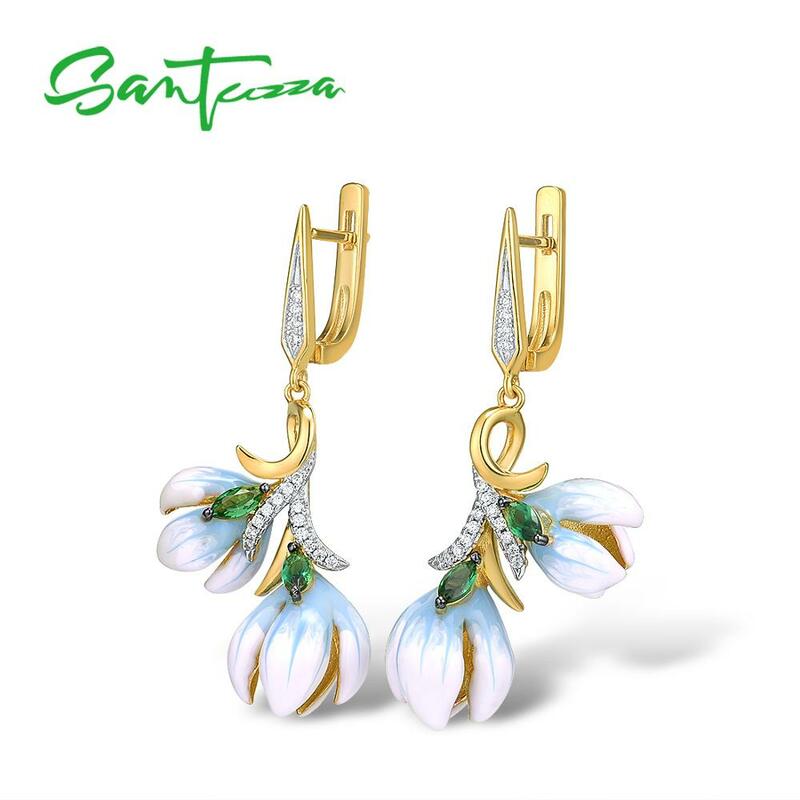 SANTUZZA Silver Earrings For Women Authentic 925 Sterling Silver Gold Color Delicate Orchid Flower Fine Jewelry Handmade Enamel