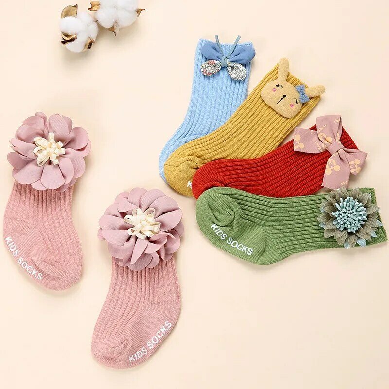 Детские носки для девочек, детские носки с бантом, Детские хлопковые носки без косточек для новорожденных, детские противоскользящие носки