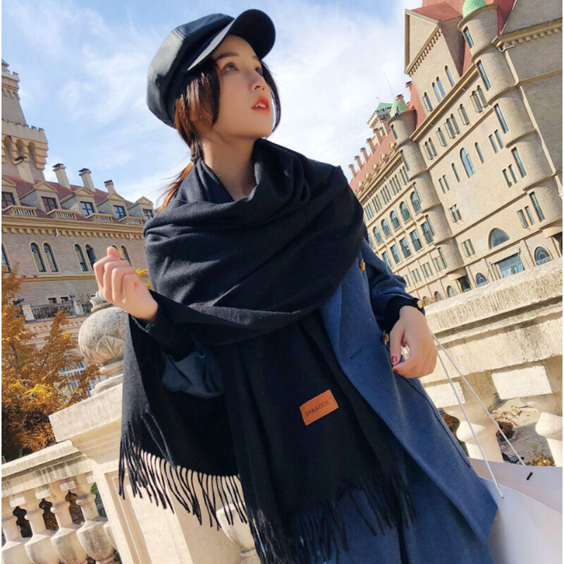 Bufanda cálida de imitación de Cachemira para mujer, chal grande con flecos de otoño e invierno, Color puro, tendencia de moda, 250g