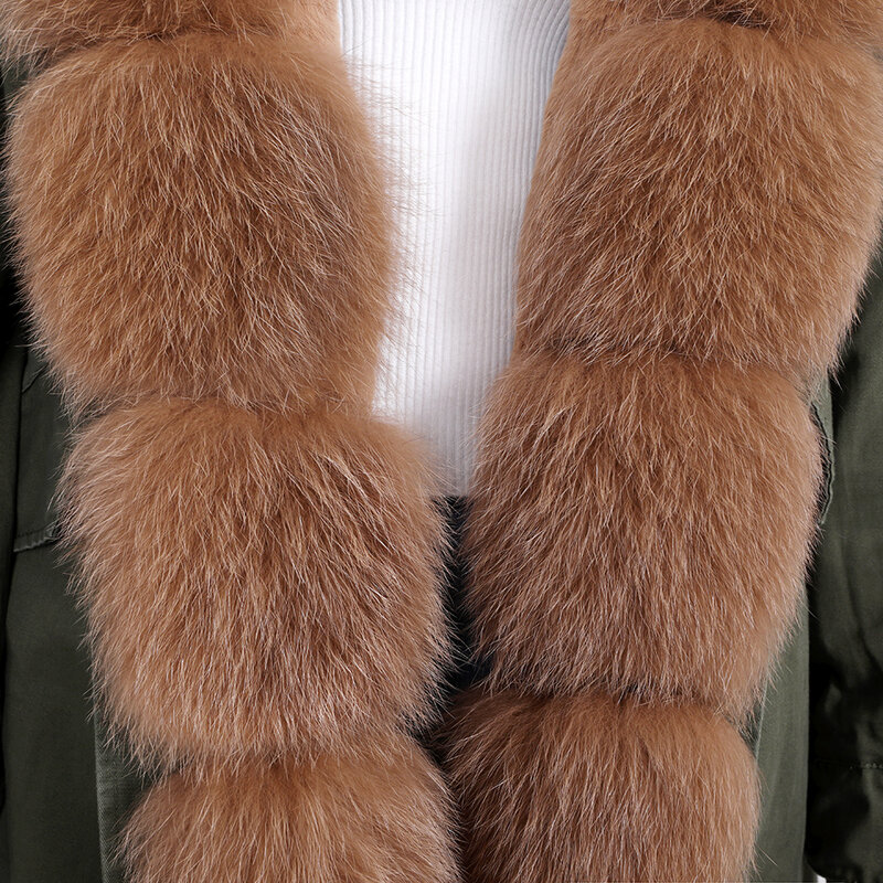 Casaco de pele real mmk, casaco feminino fashion com gola de pele de raposa, casaco grosso removível de inverno, estilo longo para mulheres
