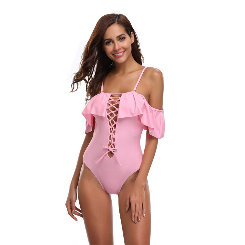 Jeden kawałek wysokiej talii strój kąpielowy kobiety seksowny strój kąpielowy w jednolitym kolorze wzburzyć Mesh bandaż body na plażę pani strój kąpielowy kostiumy kąpielowe Monokini