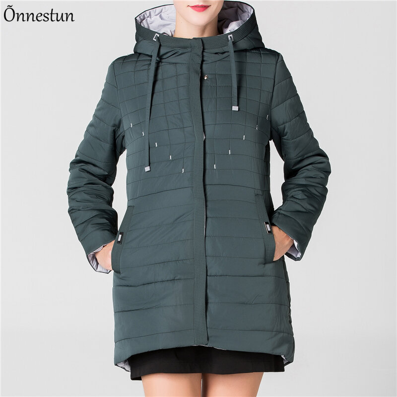 Высококачественная Женская куртка на осень и зиму, однотонное хлопковое пальто, женские парки с длинным рукавом и капюшоном, облегающие длинные куртки для женщин
