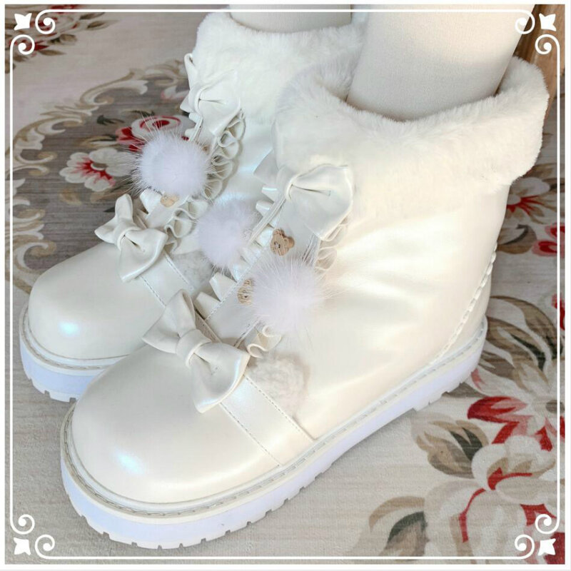 Inverno kawaii menina doce lolita botas cabeça redonda do vintage mais cashmere quente sapatos femininos bonito bowknot kawaii botas de neve loli
