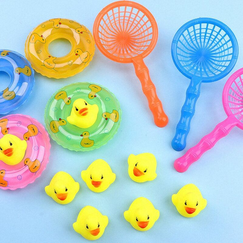 Brinquedos de banho flutuantes para crianças, mini anéis de natação, patos amarelos, rede de pesca, brinquedos para crianças, diversão aquática, 5 peças por conjunto